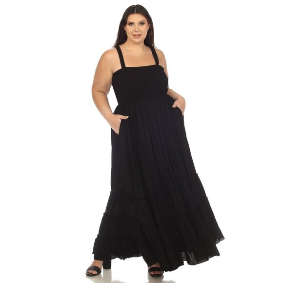 White Mark Women's Plus Size 1X Smocked Ruffle Maxi Dress Black MSRP $84 - Picture 1 of 6